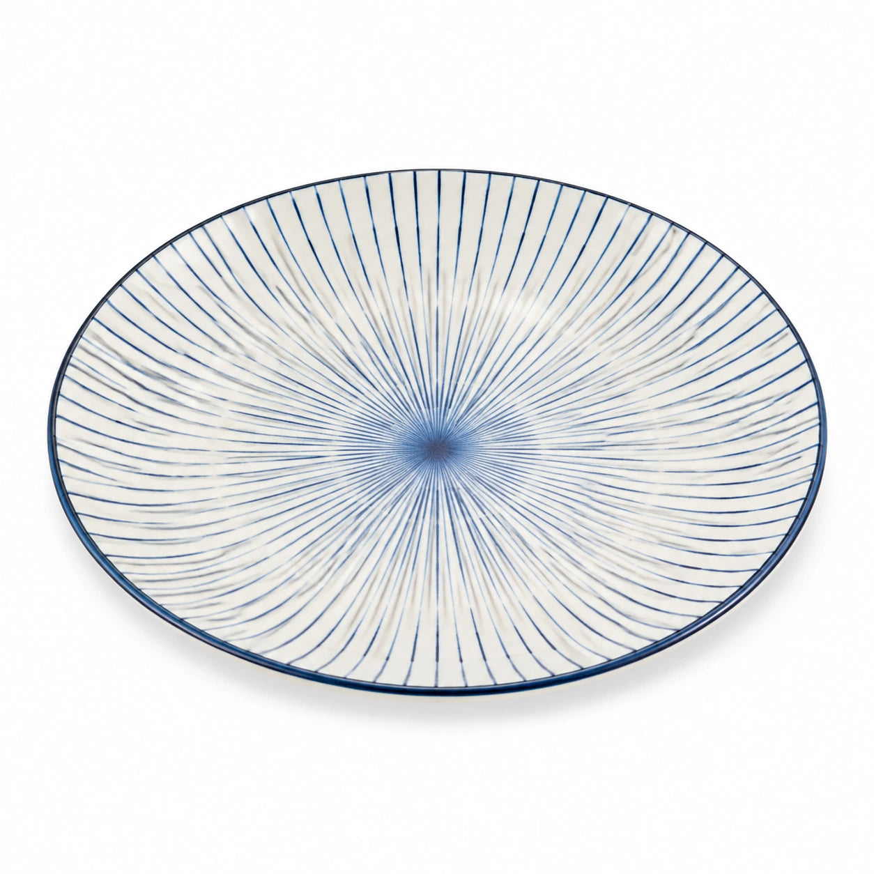 Assiette plate ronde 27 cm en céramique blanche et bleue à motif rayonnant