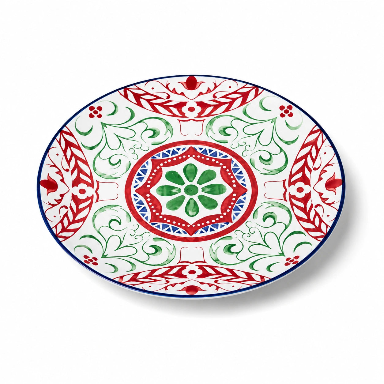 Assiette plate ronde 30 cm en céramique blanche rouge verte bleue - décor floral pour table