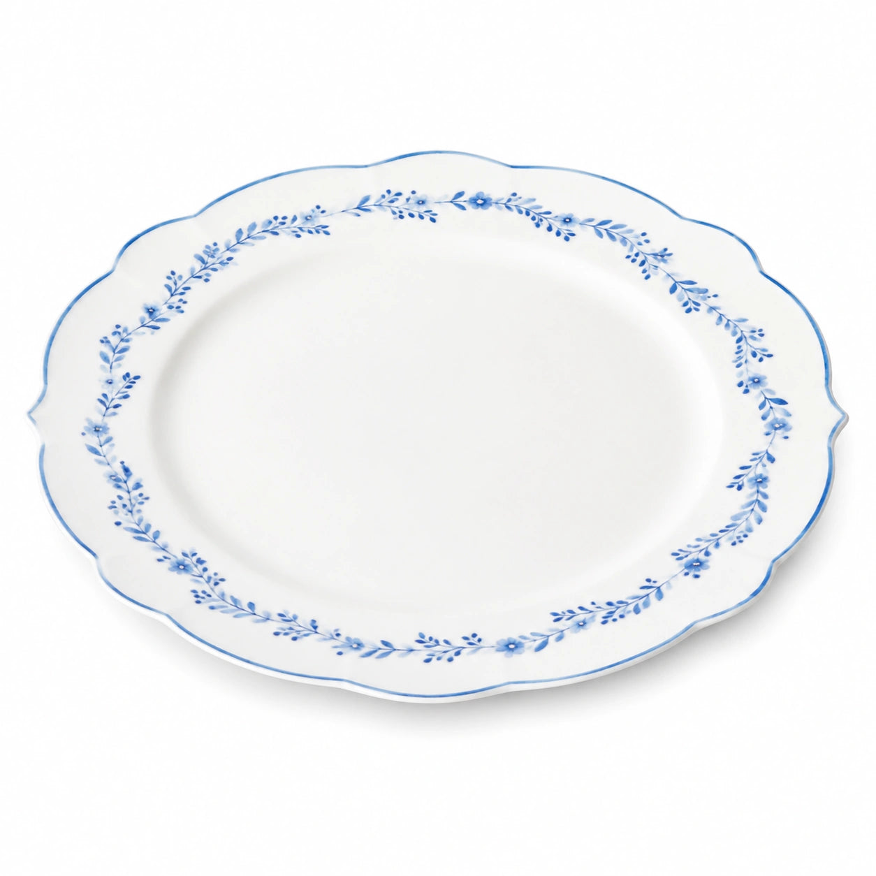 Assiette plate 26 cm en porcelaine blanche et bleue à motif floral