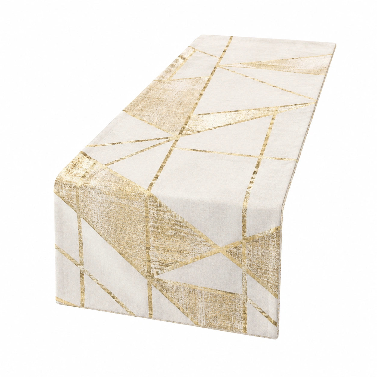 Chemin de table 180 x 33 cm en tissu blanc et doré motif géométrique style moderne