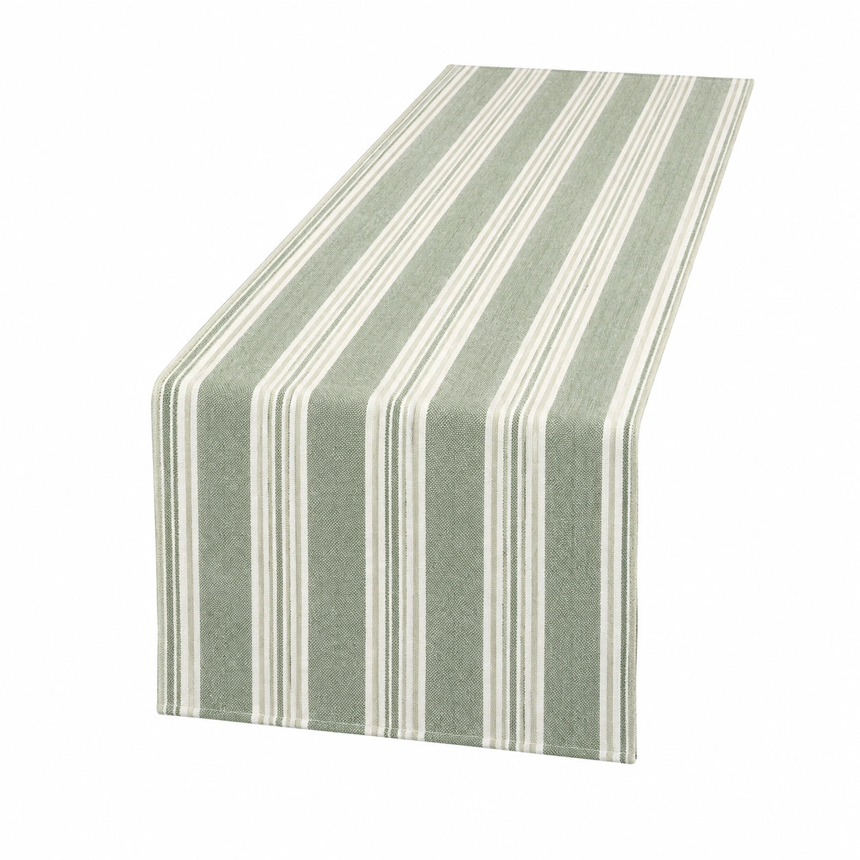 Chemin de table 180 x 40 cm en tissu vert et blanc à rayures tissées