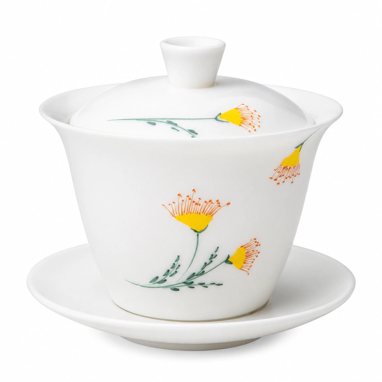Gaiwan en porcelaine 180 ml blanc jaune vert à motif floral avec couvercle et soucoupe