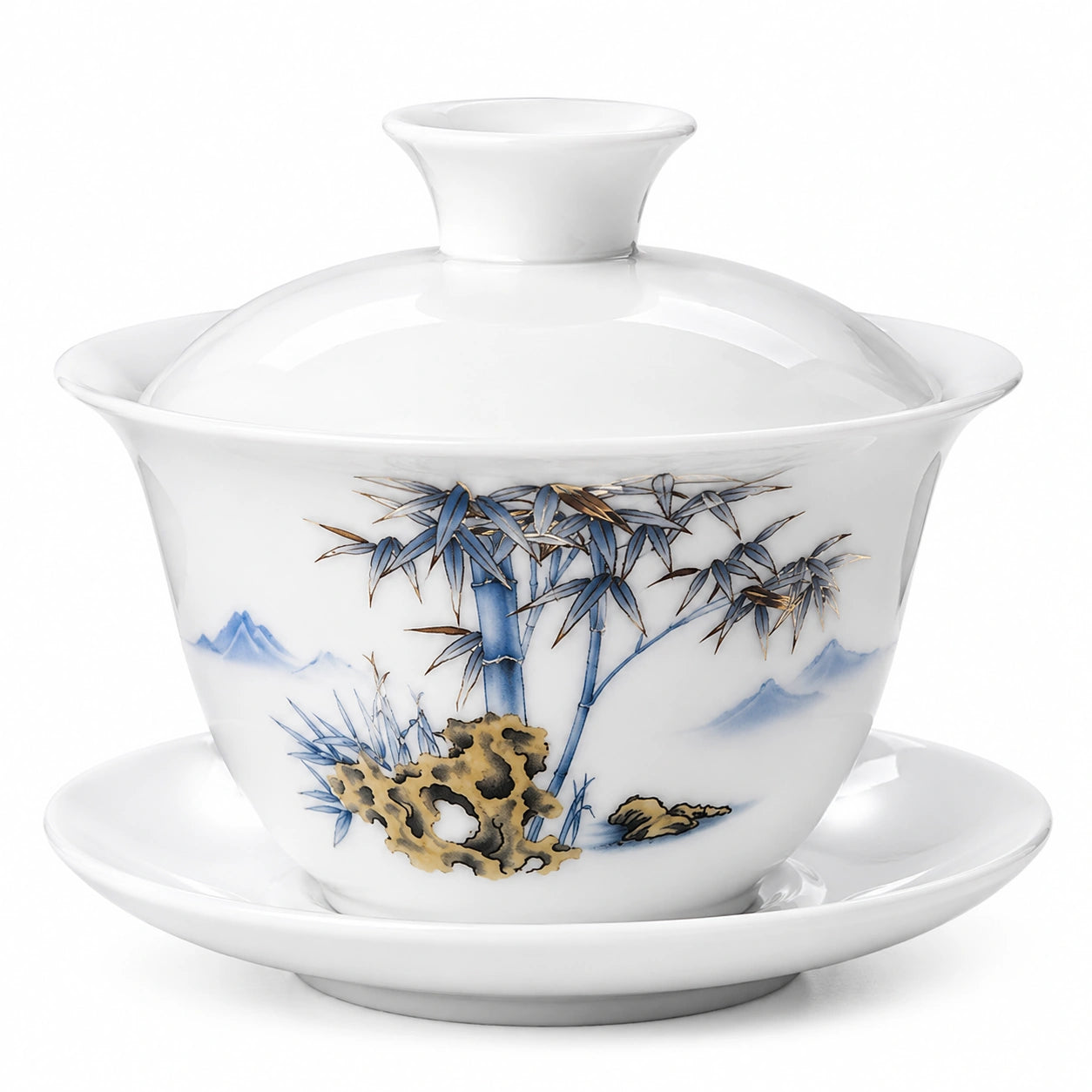 Gaiwan en porcelaine 150 ml blanc bleu et doré avec soucoupe style traditionnel