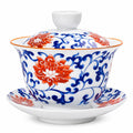 Bol à thé couvert 11 cm en porcelaine blanc bleu rouge à décor floral