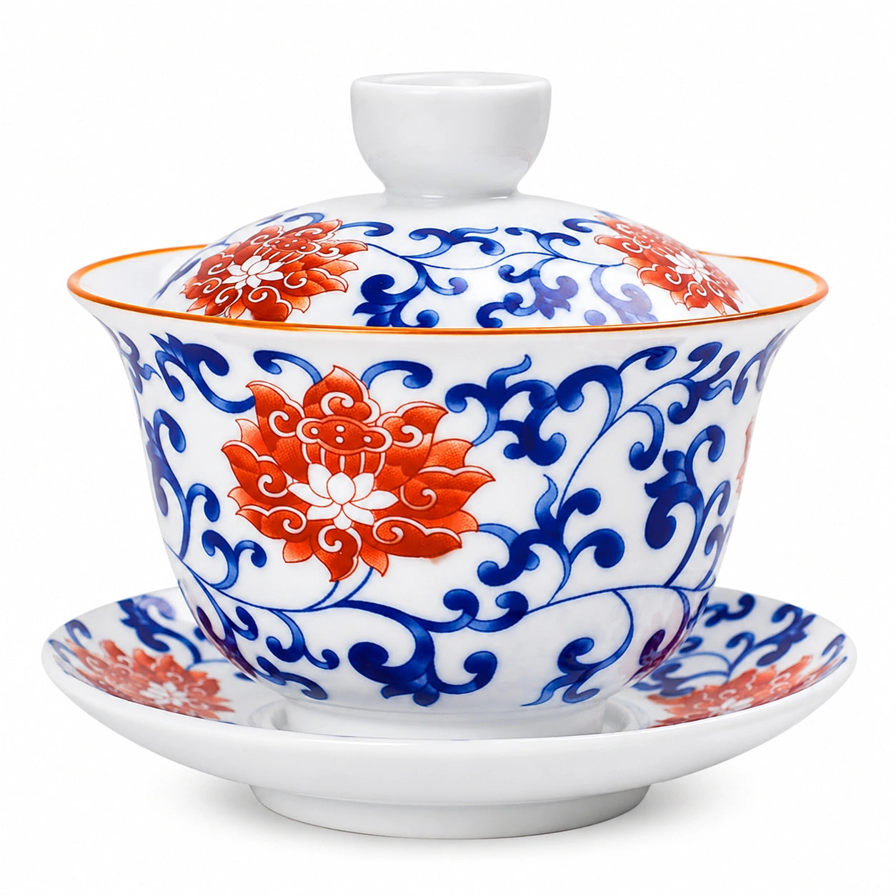Bol à thé couvert 11 cm en porcelaine blanc bleu rouge à décor floral