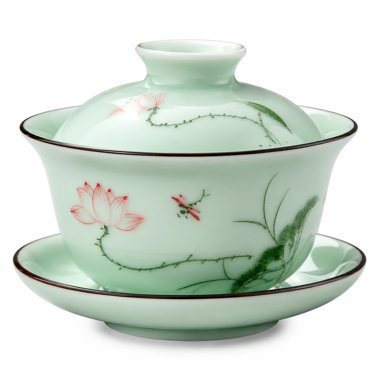 Gaiwan en porcelaine vert céladon 150 ml avec soucoupe style floral