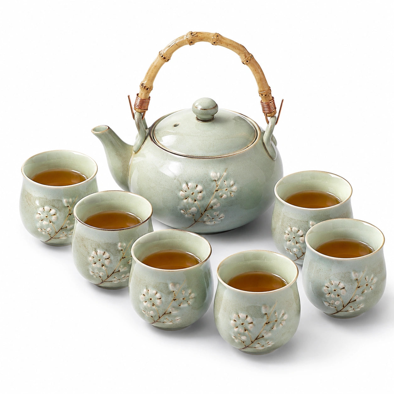 Service à thé 7 pièces en céramique vert céladon 900 ml avec théière et tasses à motif floral