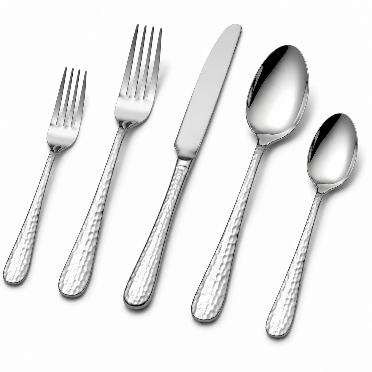 Ménagère 5 pièces 15 à 23 cm en acier inoxydable argenté finition martelée