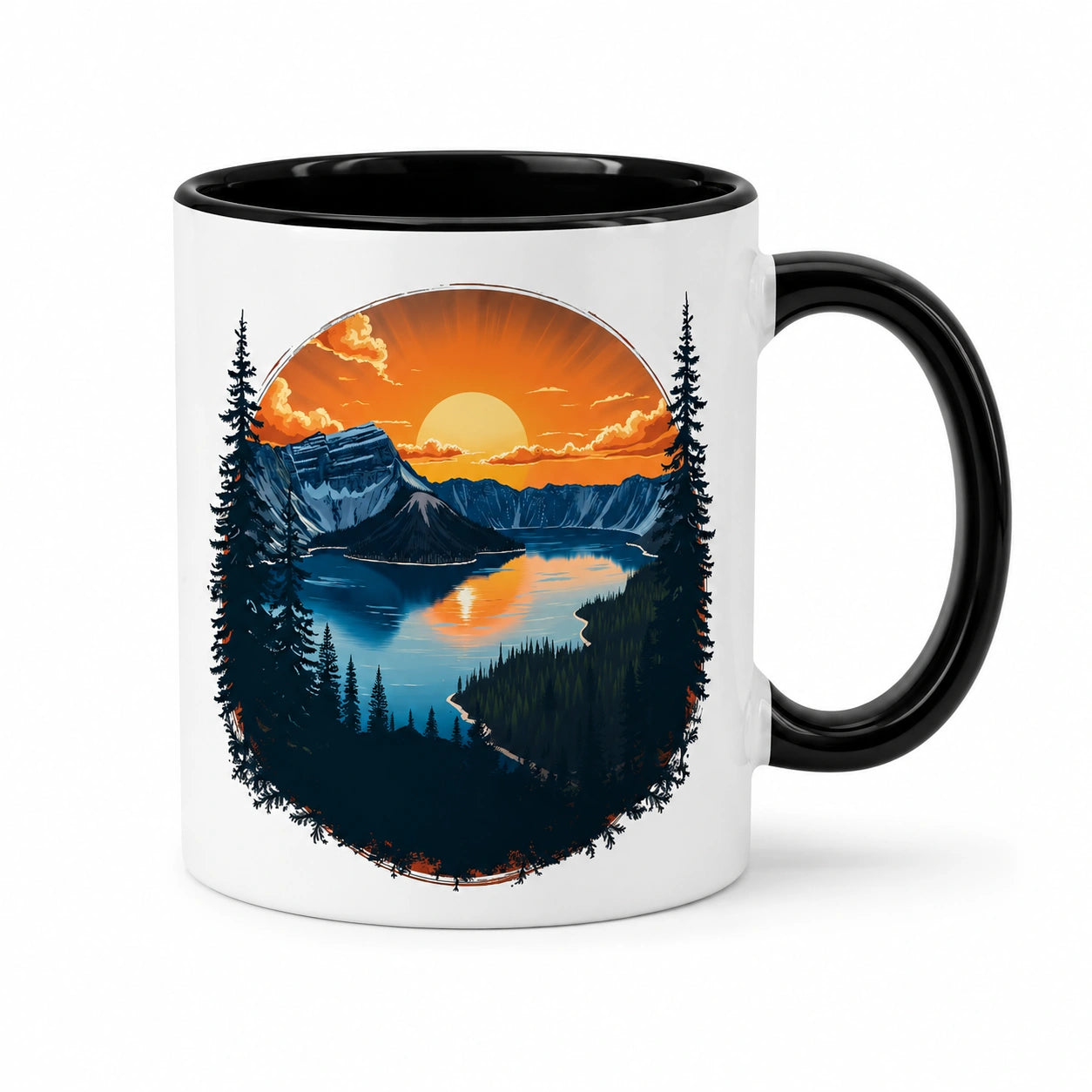 Mug 325 ml en céramique blanc et noir pour boissons chaudes motif paysage de montagne