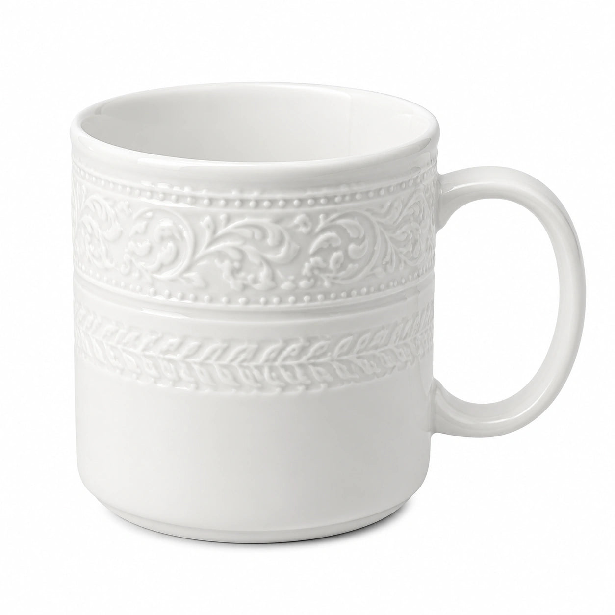 Mug 350 ml en céramique blanche pour boissons chaudes - relief floral classique