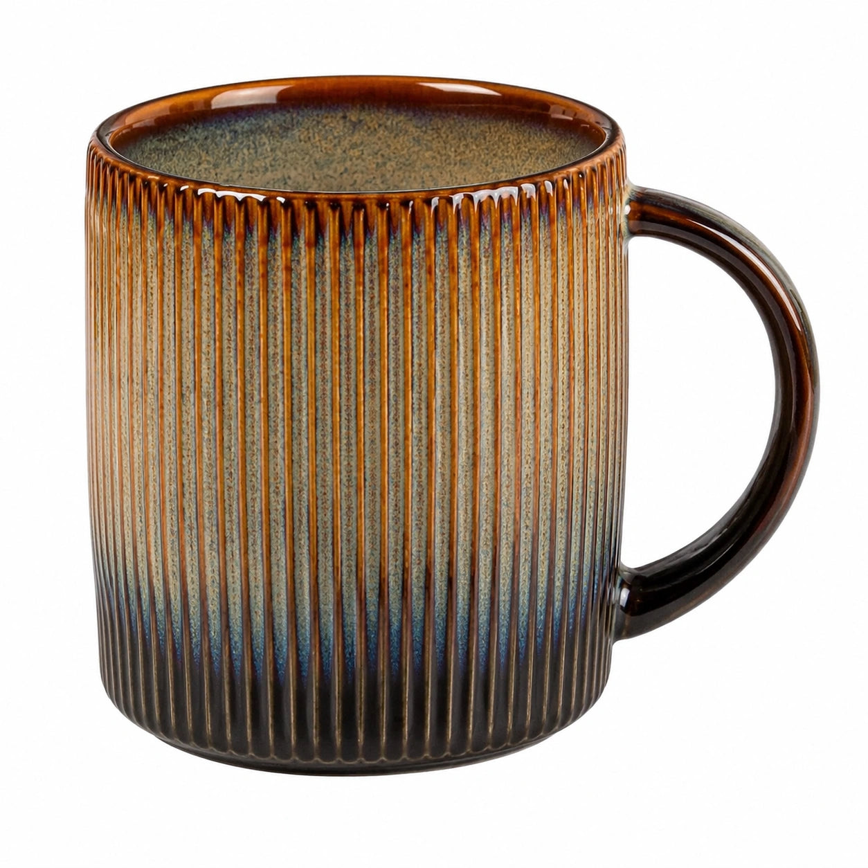 Mug en céramique 350 ml brun vert bleu à relief vertical avec anse pour boissons chaudes