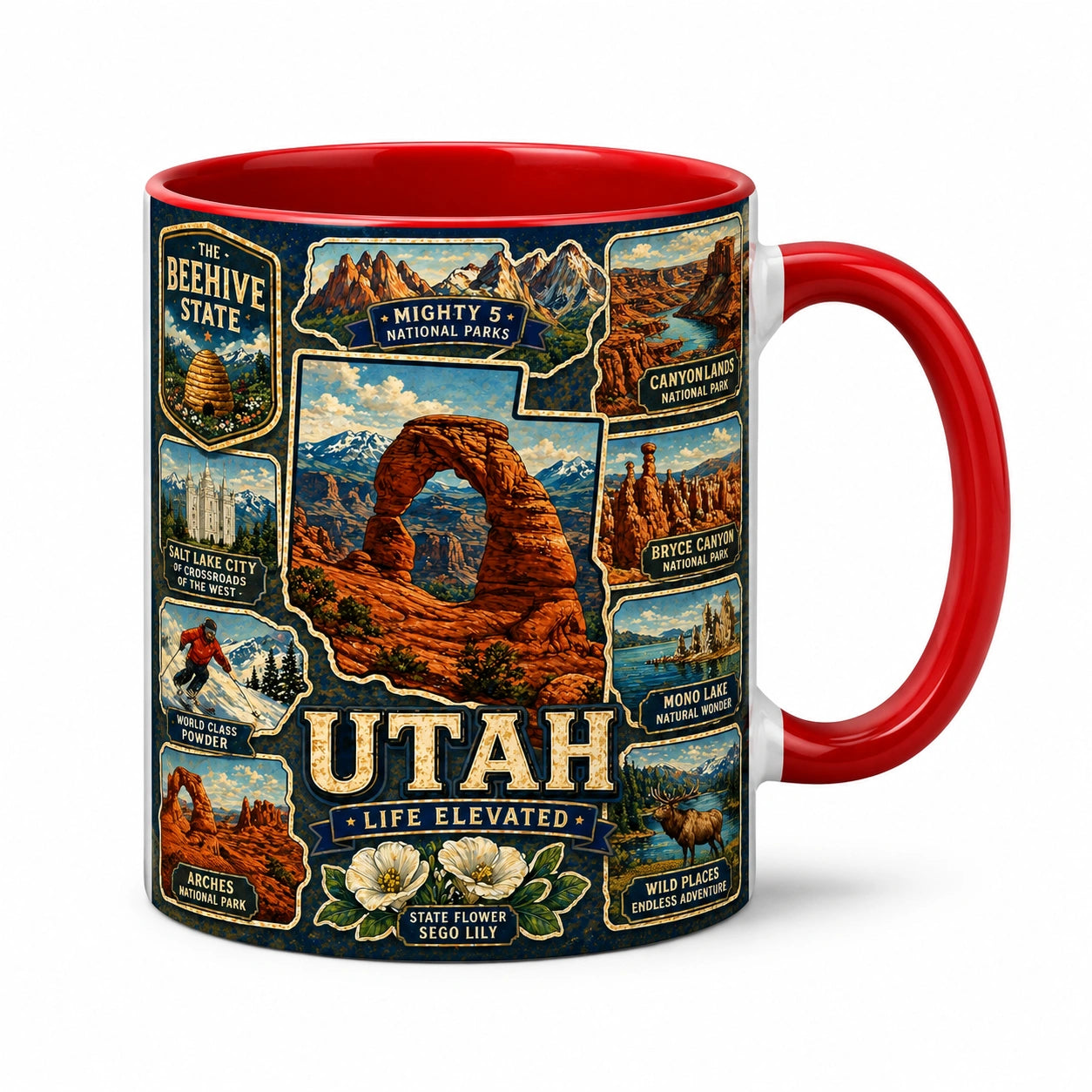 Mug 330 ml en céramique rouge et bleu à motifs paysages style rétro